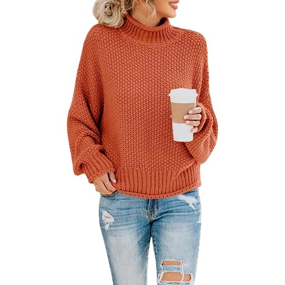 Womens Turtleneck Oversized Batwing Long Sleeve  Loose Chunky Knit Sweater - Picture 1 of 6